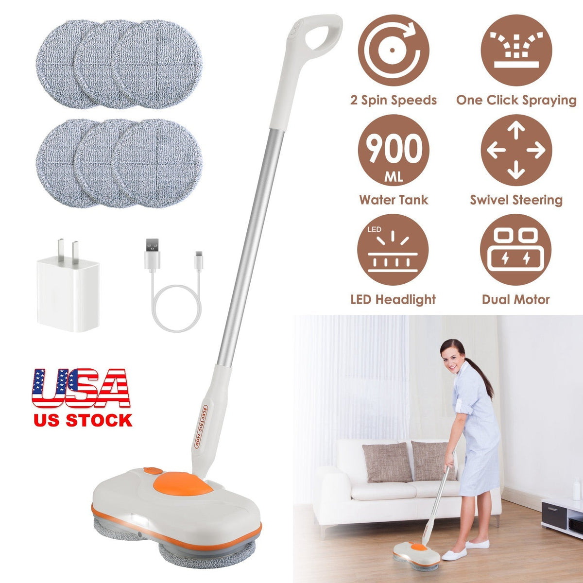 Dual Motor Cordless Spin Mop Self-Propelled Floor Cleaner with 6 Microfiber Pads 2 Speeds 900ML Water Tank One Click Spraying Headlight for Multiple F