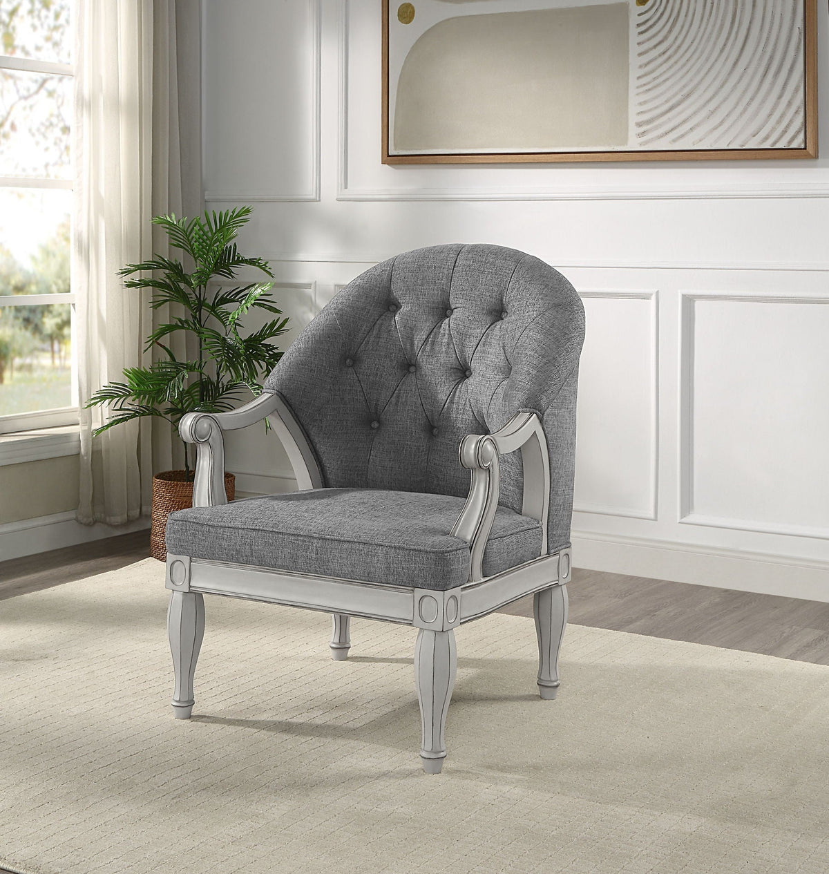 Antique Arm Chair with Tufted Back - Gray and White