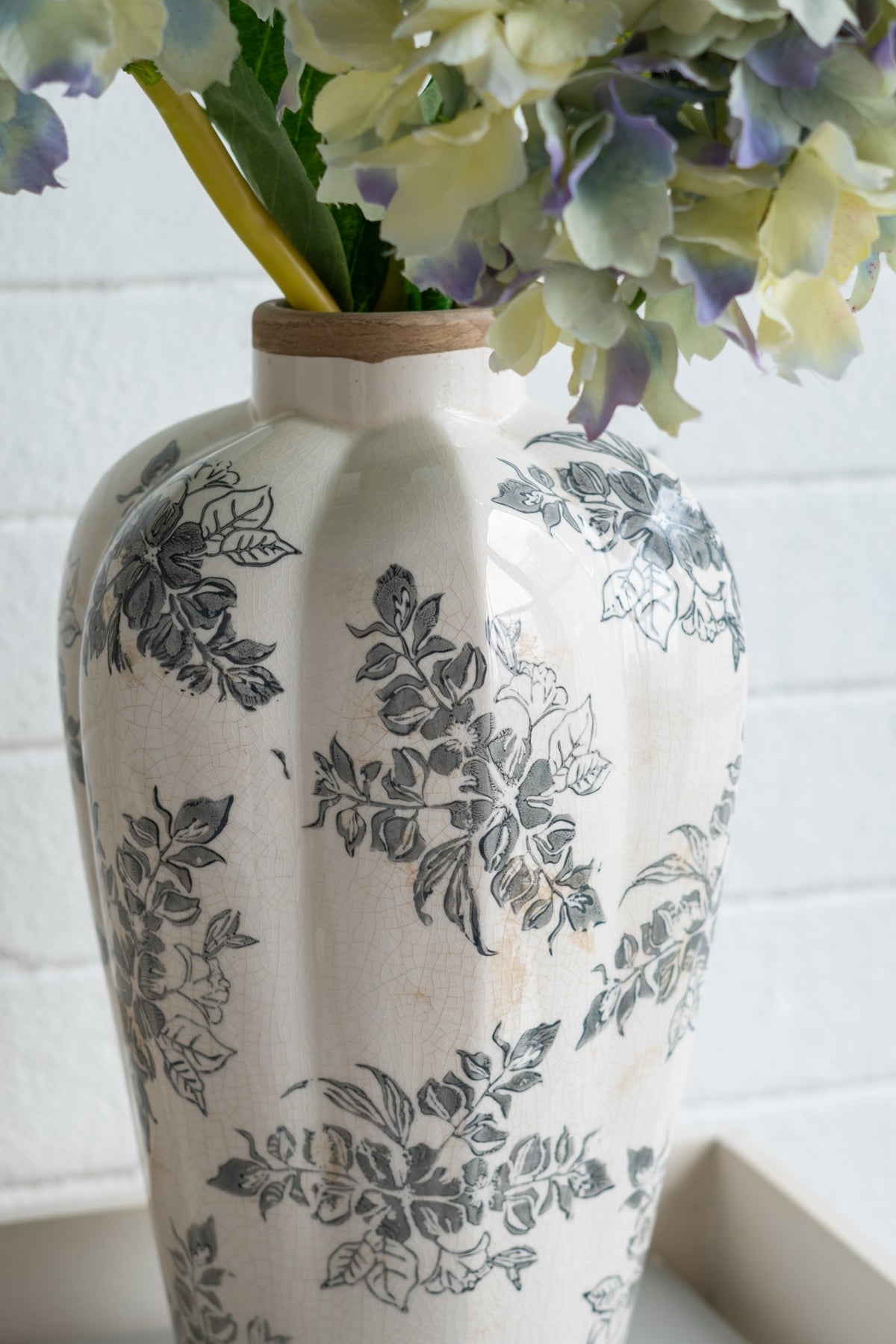 White Ceramic Accent Vase with Gray Floral Design - Multicolor