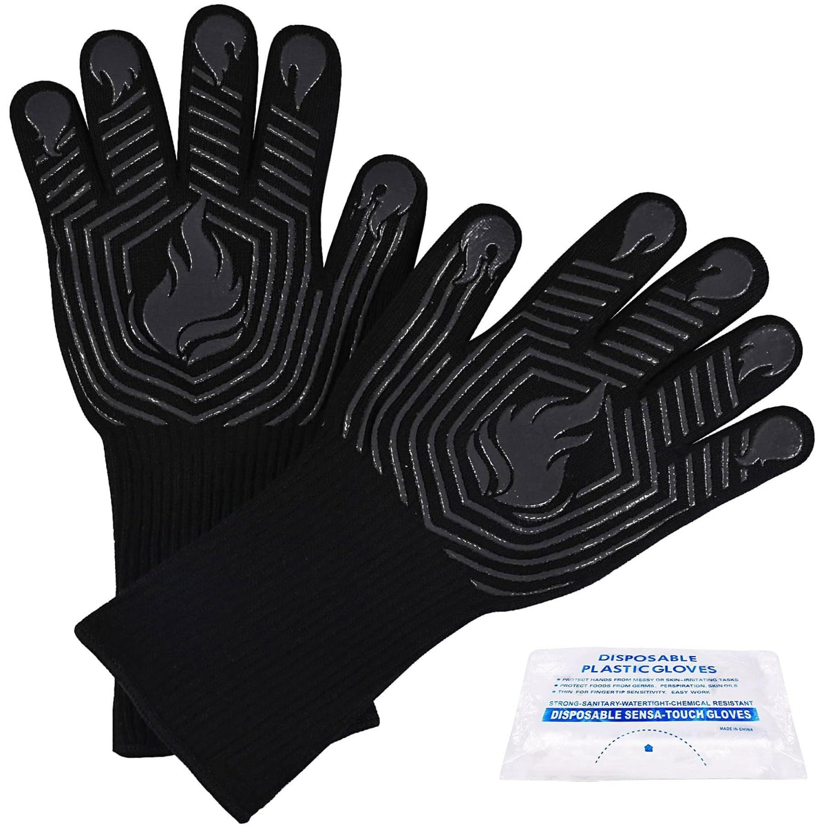 Heat Resistant BBQ Gloves with Silicone Grip - Black