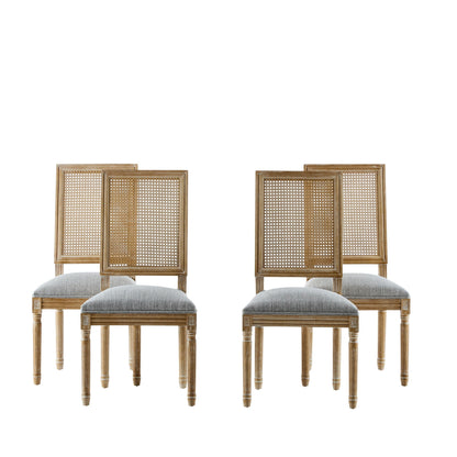 French Country Dining Chair with Rectangular Cane Backrest and Upholstered Seat