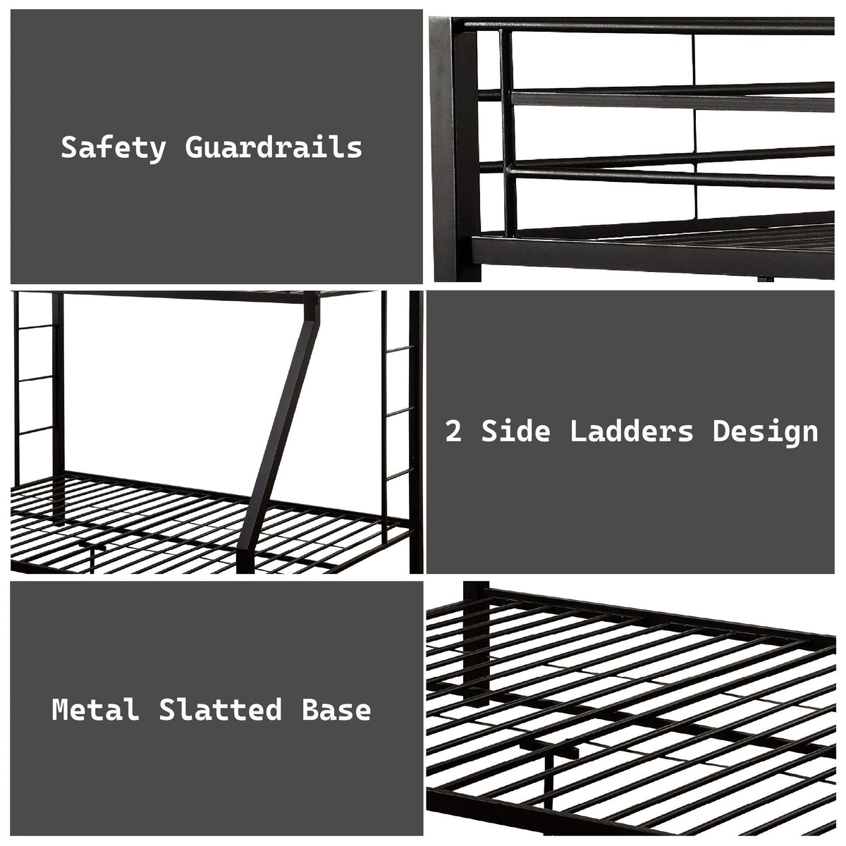 Limbra Spacious Design Double Bunk Bed with Metal Frame - Black or Dark Brown