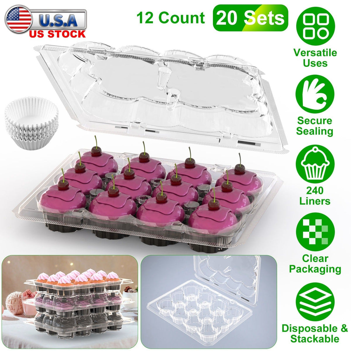 12 Count 20 Sets Clear Cupcake Boxes Disposable Cupcake Containers Stackable Cupcake Carrier Holders with 240 Liners High Dome Lid
