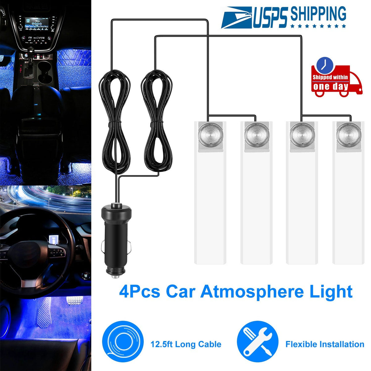4Pcs Car Interior LED Atmosphere Light Car Charge Decorative Lamp DC 12V Blue Light