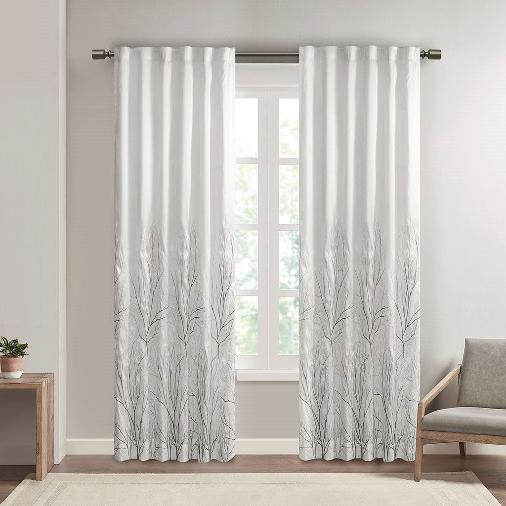 White Embroidered Curtain Panel with Lining - 50x95 Inches