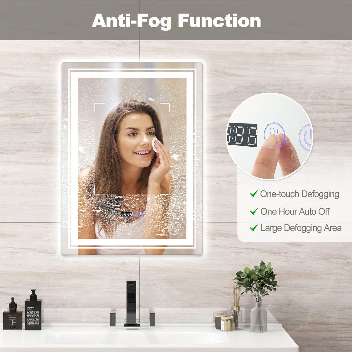 Defogging LED Bathroom Mirror with Memory Function and Anti-Fog