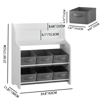 Children's Bookcase with 6 Storage Bins - Multi Functional Organizer - White