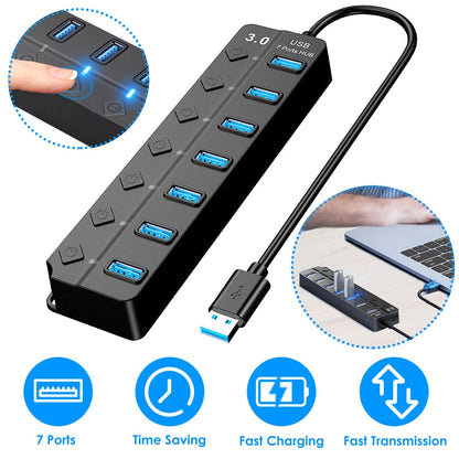 USB3.0 Hub Splitter 7Ports High Speed 5Gbps USB Data Expander with Separate ON OFF Switch for PC Computer