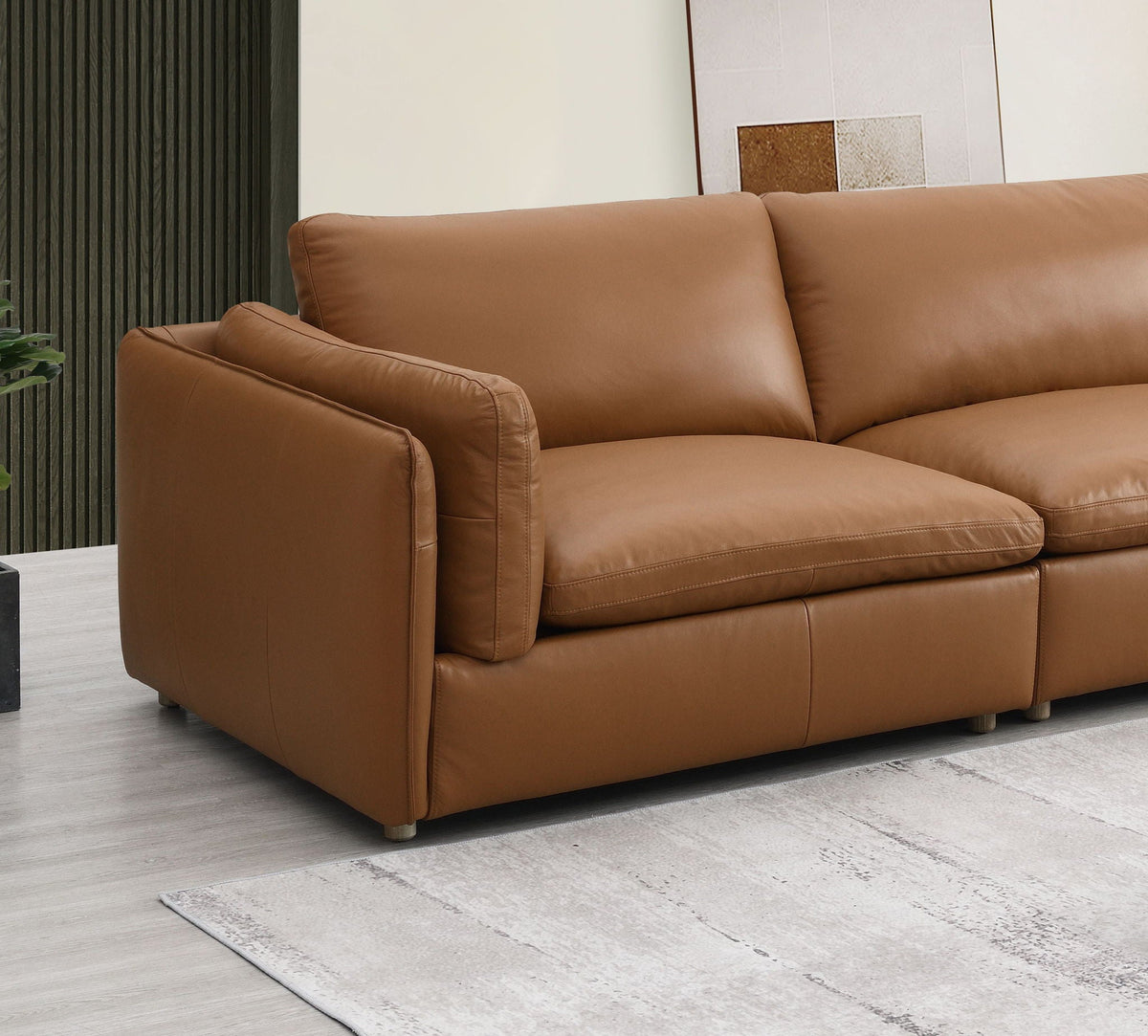 Brighton Top Grain Leather Modular Sectional with Ottoman - Light Brown
