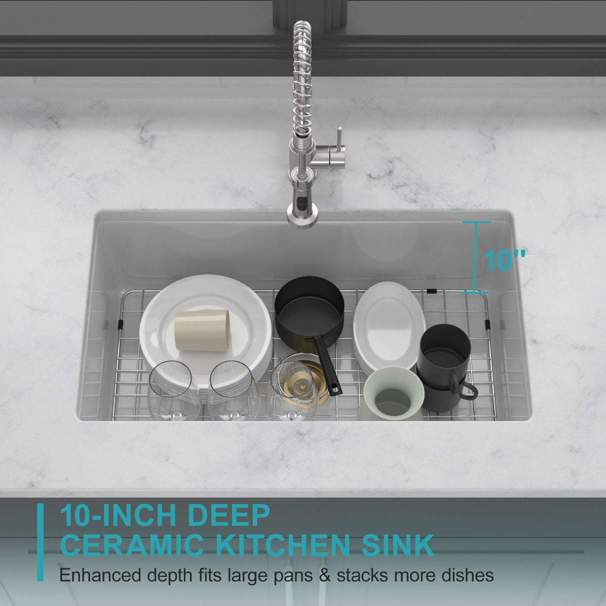 Rectangular Deep Single Bowl Kitchen Sink with Scratch-Resistant Glaze - White