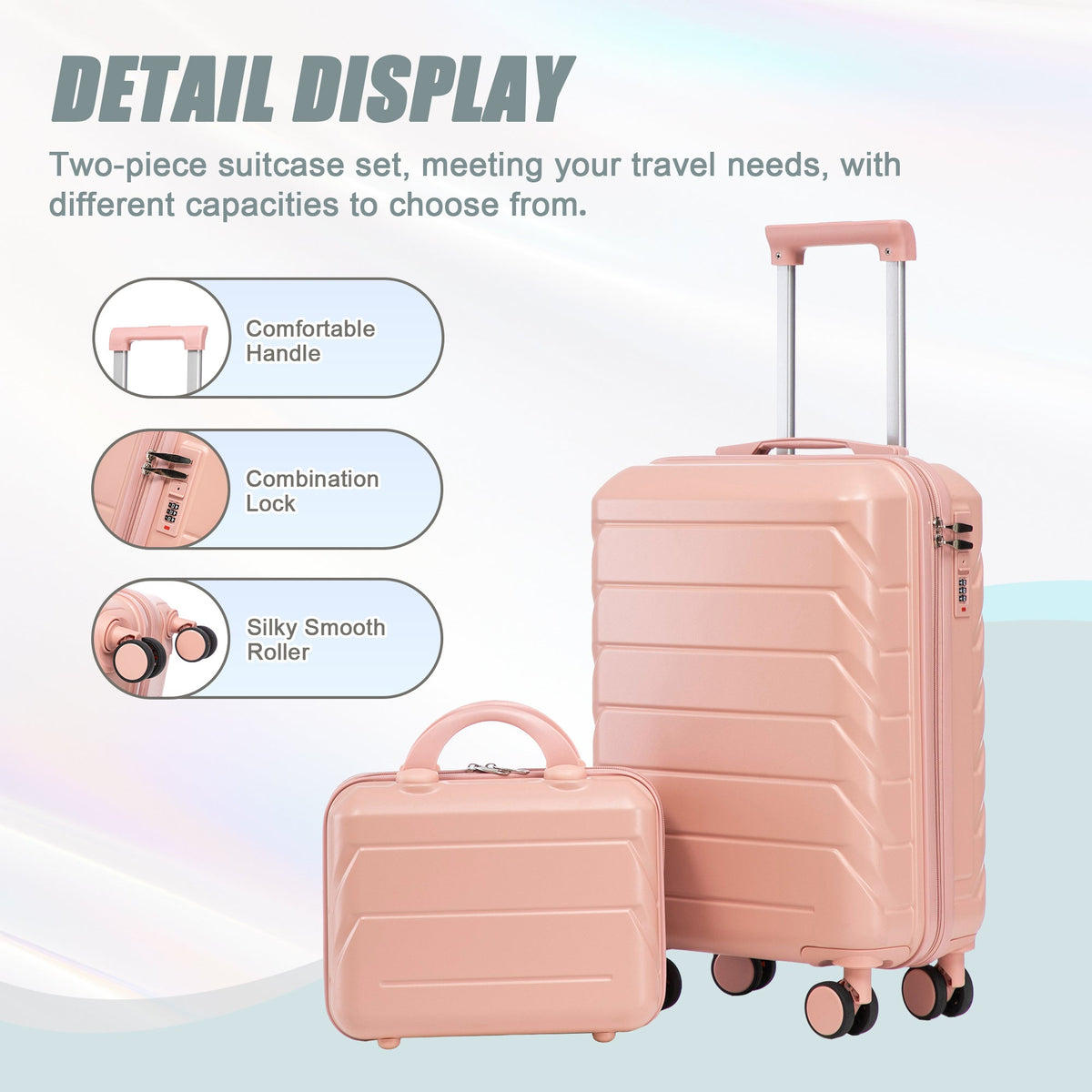 ABS 2-Piece Luggage Set with Spinner Wheels and Combination Lock - Pink