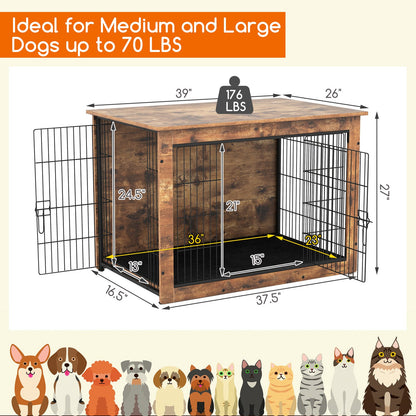 Dog Crate Furniture with Cushion and Double Doors for Small/Medium Dogs-37 Inches