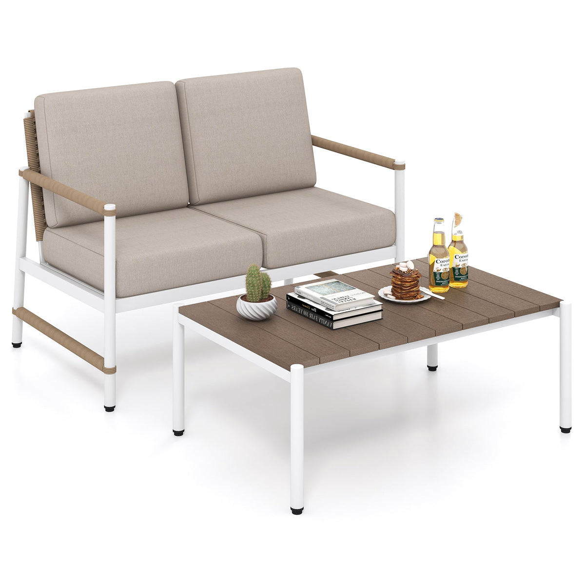 Patio Loveseat Sofa with Coffee Table Set with Thick Cushions