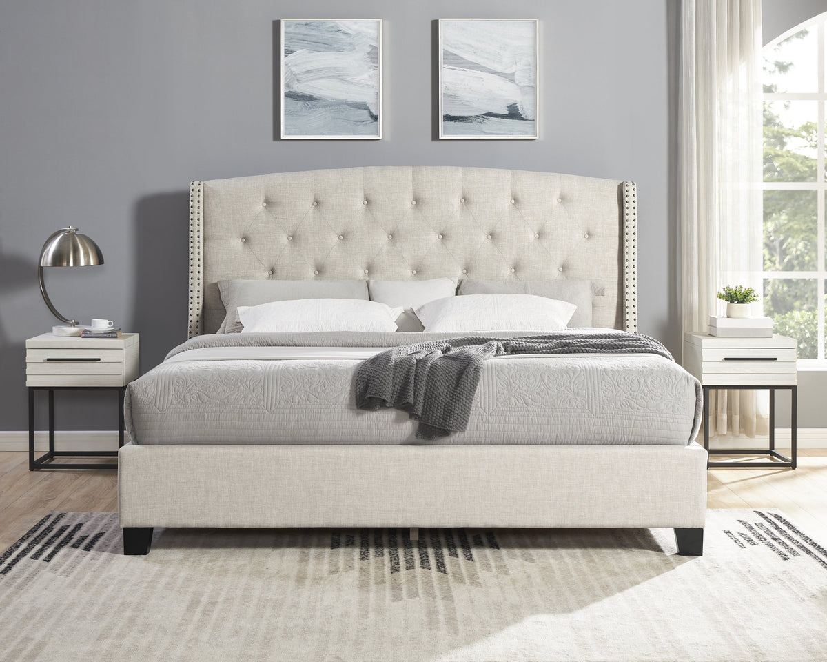 3-Piece Upholstered Bedroom Set with Tufted Wingback Bed - Beige