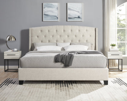 3-Piece Upholstered Bedroom Set with Tufted Wingback Bed - Beige