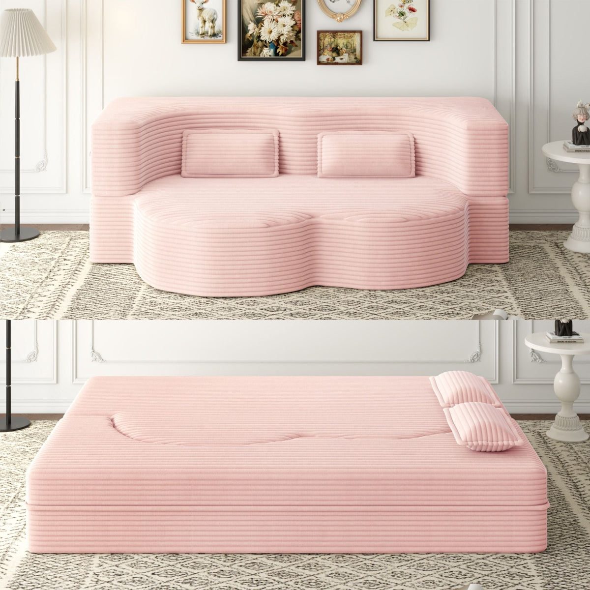 Convertible Foam-Filled Sleeper Sofa Bed with Two Pillows - Fabric