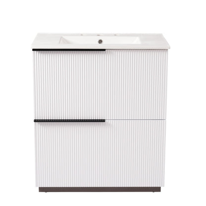 Fluted Bathroom Vanity with Ceramic Sink and Soft-Close Drawers - Light Brown, White, or Dark Green