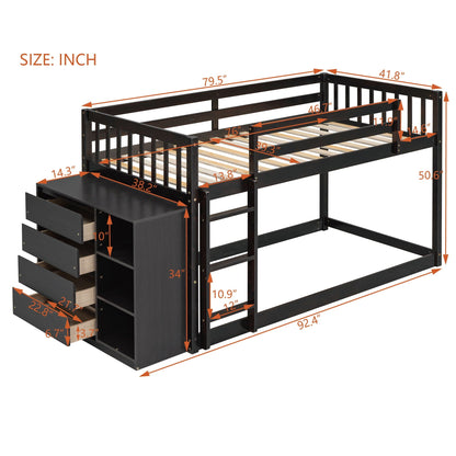 Bunk Bed With 4 Drawers and 3 Shelves - Solid Pine Wood