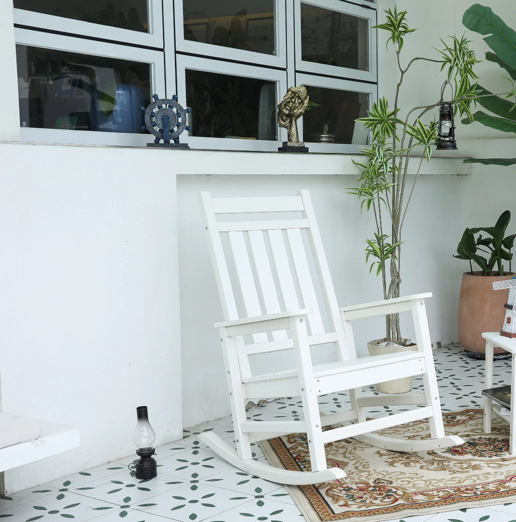 Oversized Outdoor Rocking Chair with Wood-Texture Design - White