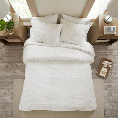 Tufted Cotton Chenille Palm Comforter Set with Palm Leaf Design - Off White