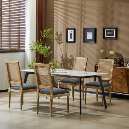 French Country Dining Chair with Rectangular Cane Backrest and Upholstered Seat