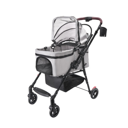 Foldable 4-Wheel Pet Stroller with Adjustable Canopy - Grey