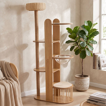 Multi-Level Wood Cat Tree Tower with Sisal Scratching Post - Natural Wood