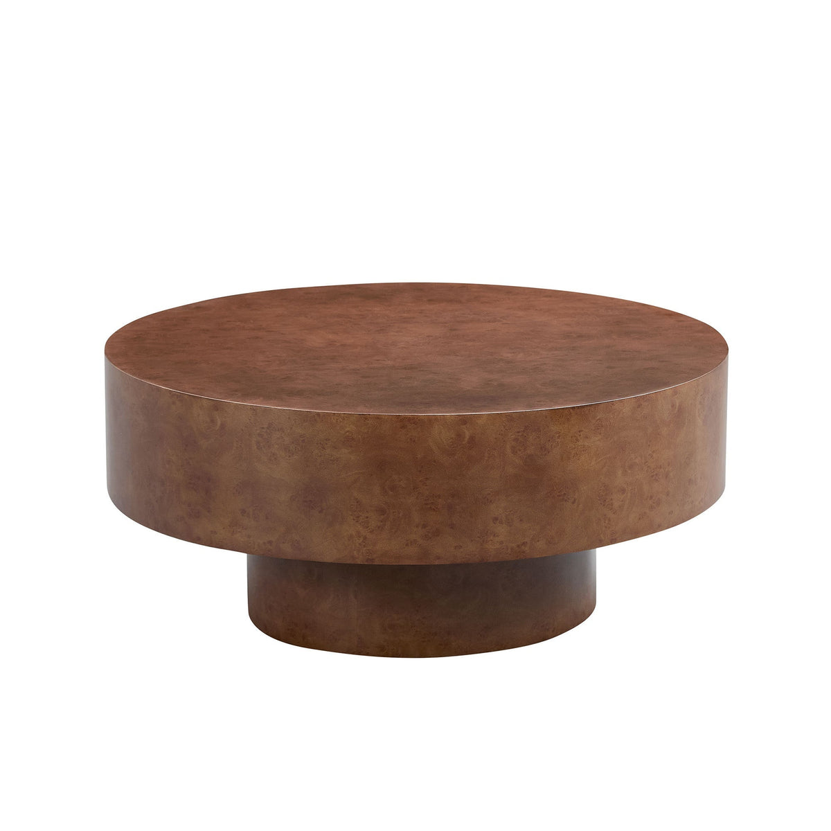 Faux Burl Wood Round Coffee Table with Sturdy Pedestal - Walnut