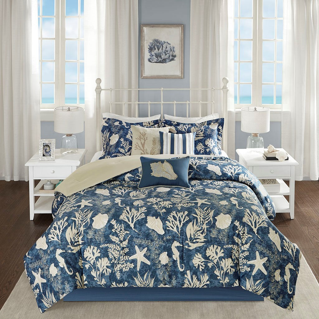 Blue Cotton Sateen Comforter Set with Coordinated Accessories - Cal King