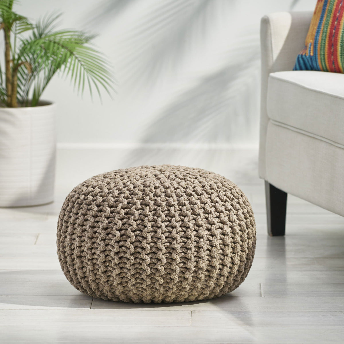 Knitted Round Pouf Ottoman with Pumpkin Shape - Light Blue or Dark Brown
