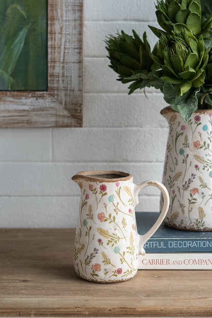 Round Ceramic Pitcher Vase with Floral Motifs - Multicolor