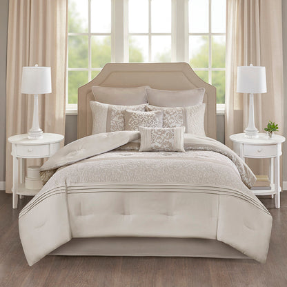 Embroidered 8 Piece Comforter Set with Hypoallergenic Fill - Neutral Queen