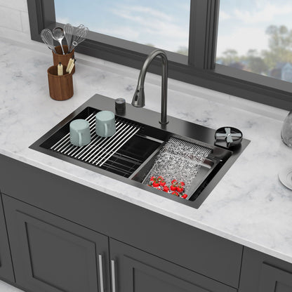 Drop In Waterfall Kitchen Sink with Pull-Out Faucet & Cup Washer - Gray or Black