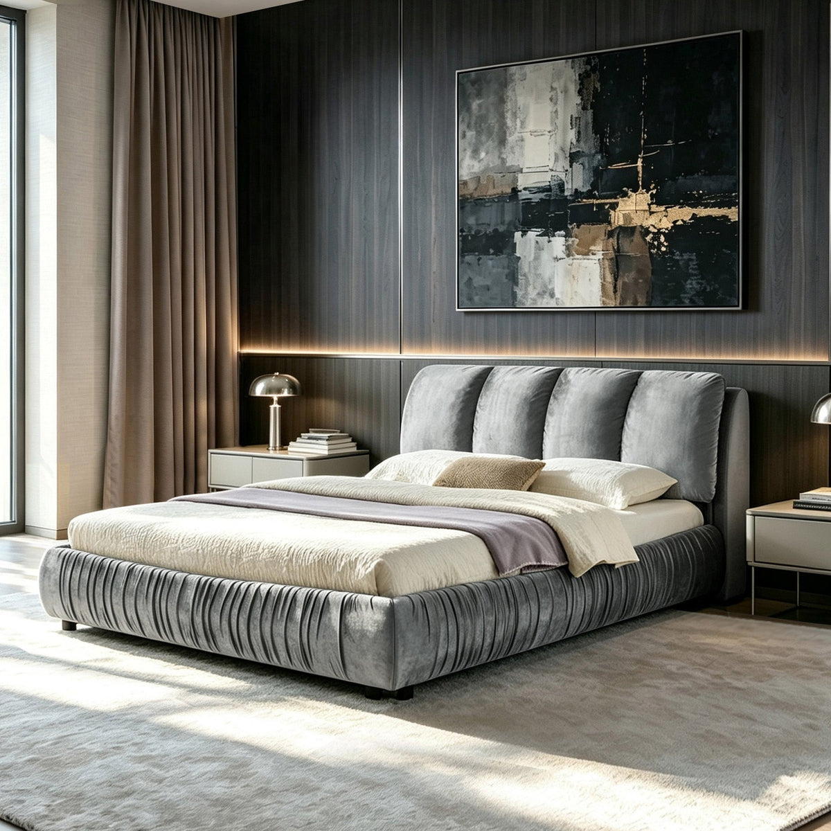Queen Upholstered Bed Frame with Segmented Compressed Sponge Headboard - Dark Blue or Gray