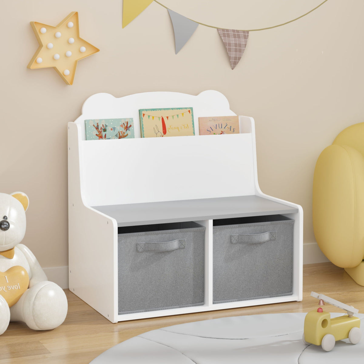 White Bookshelf With Storage Bins and Bear-Shaped Backboard