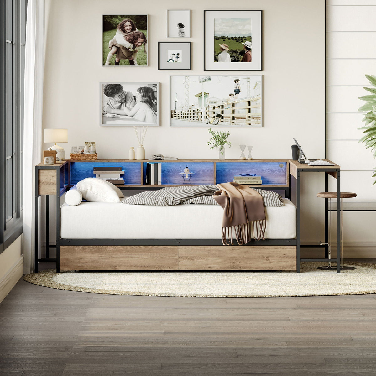 Twin Storage Bed with Bookcase, LED Light & Charging Station - Gray