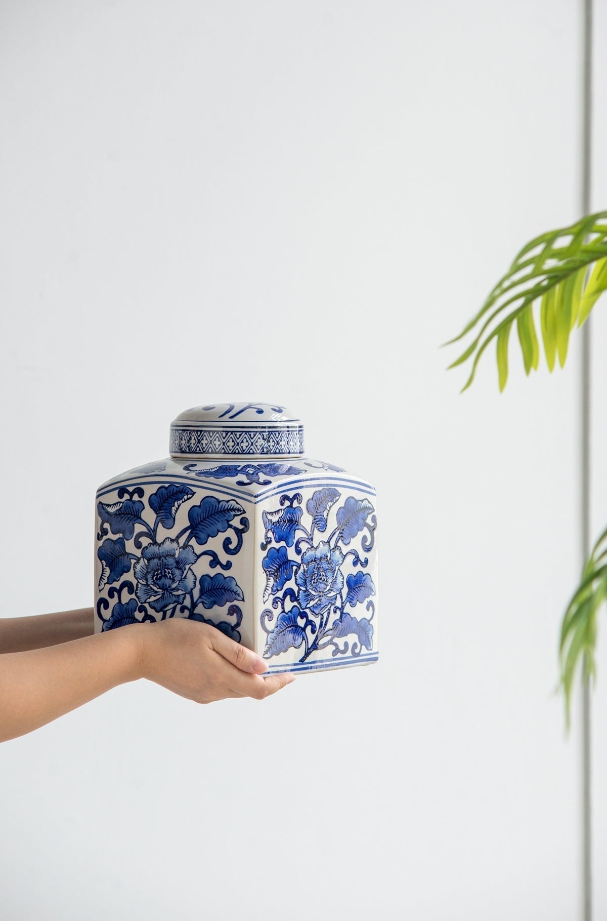 Hand Painted Square Ceramic Canister with Blue Floral Pattern - White & Blue