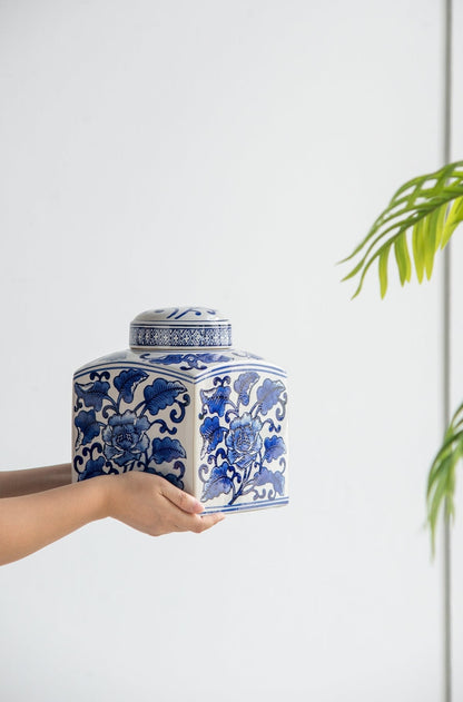 Hand Painted Square Ceramic Canister with Blue Floral Pattern - White & Blue