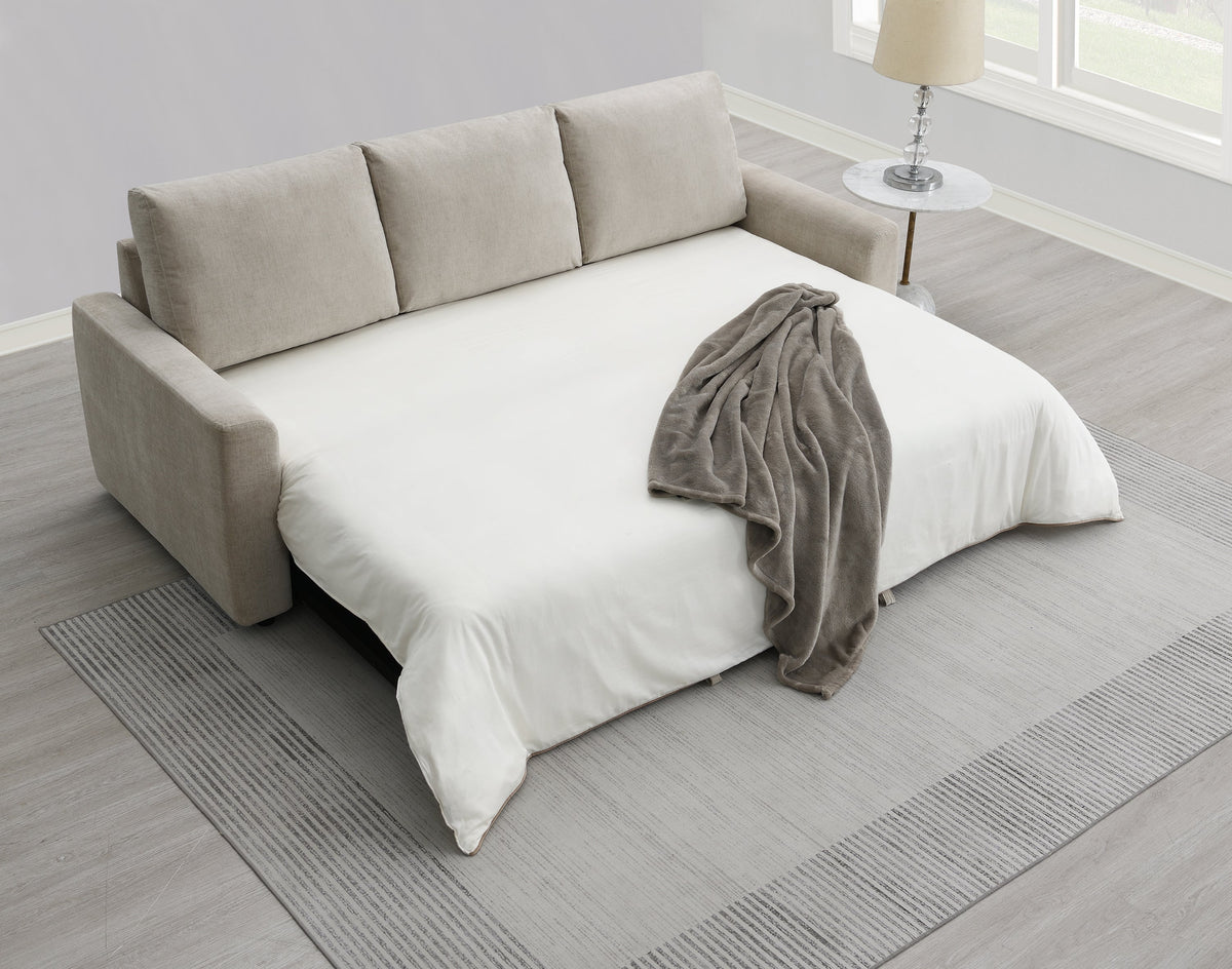 Leira Beige Linen Pull Out Sleeper Sofa with Plush Cushions - Beige