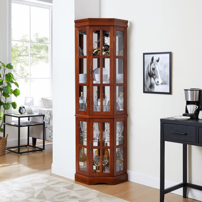 Corner Curio Cabinet with 5 Shelves and Lighting System - Dark Brown or Light Brown