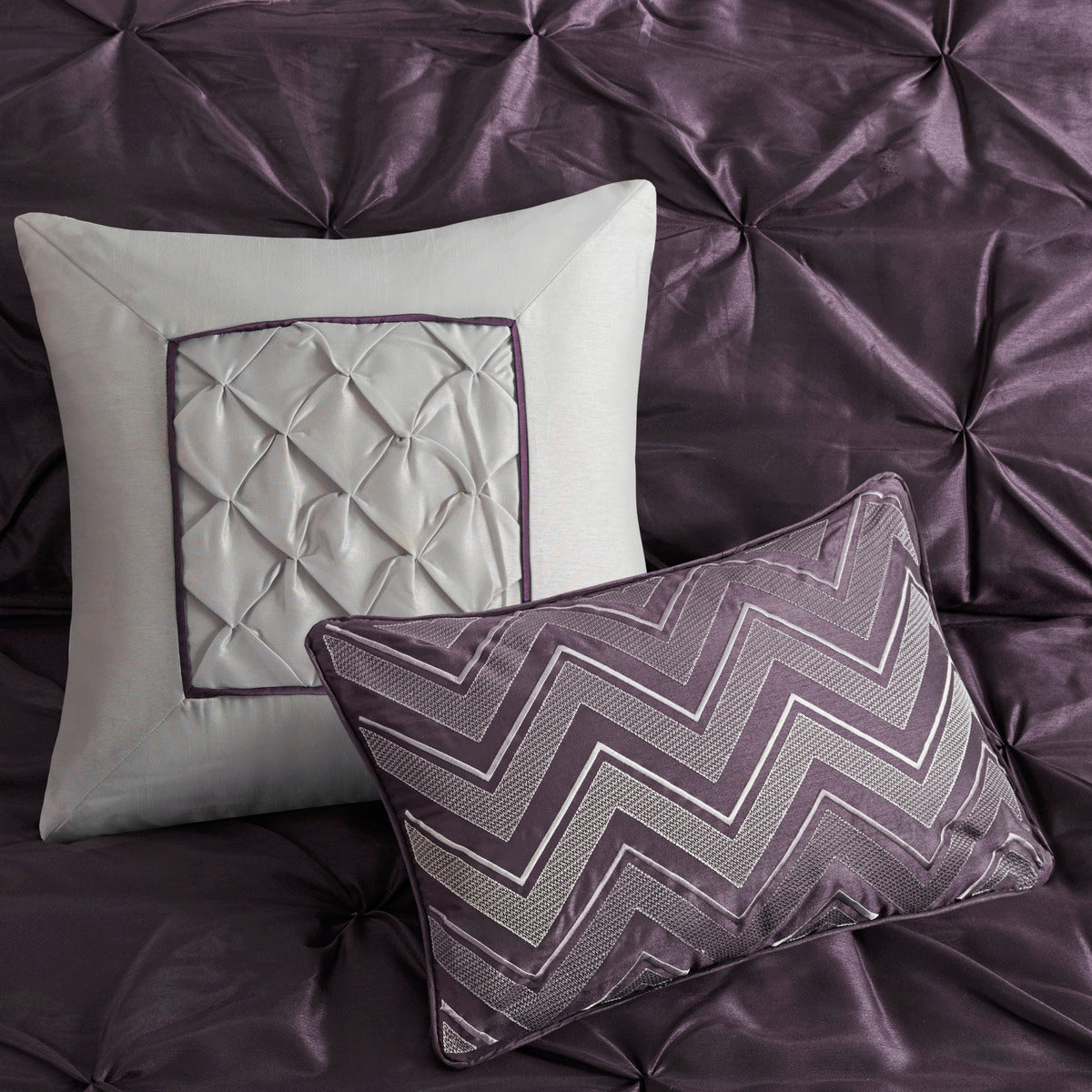 7 Piece Tufted Comforter Set in Plum for King Beds