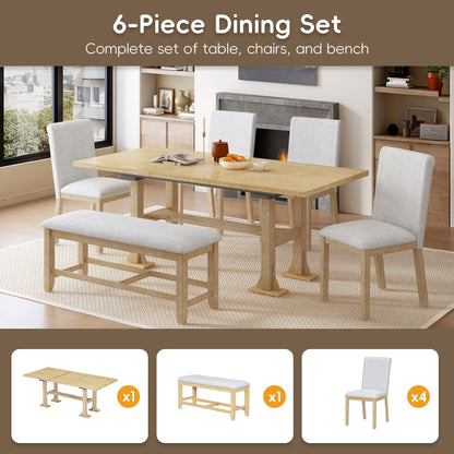 Natural Solid Wood Extendable Dining Set with Bench Seating - 6 Piece