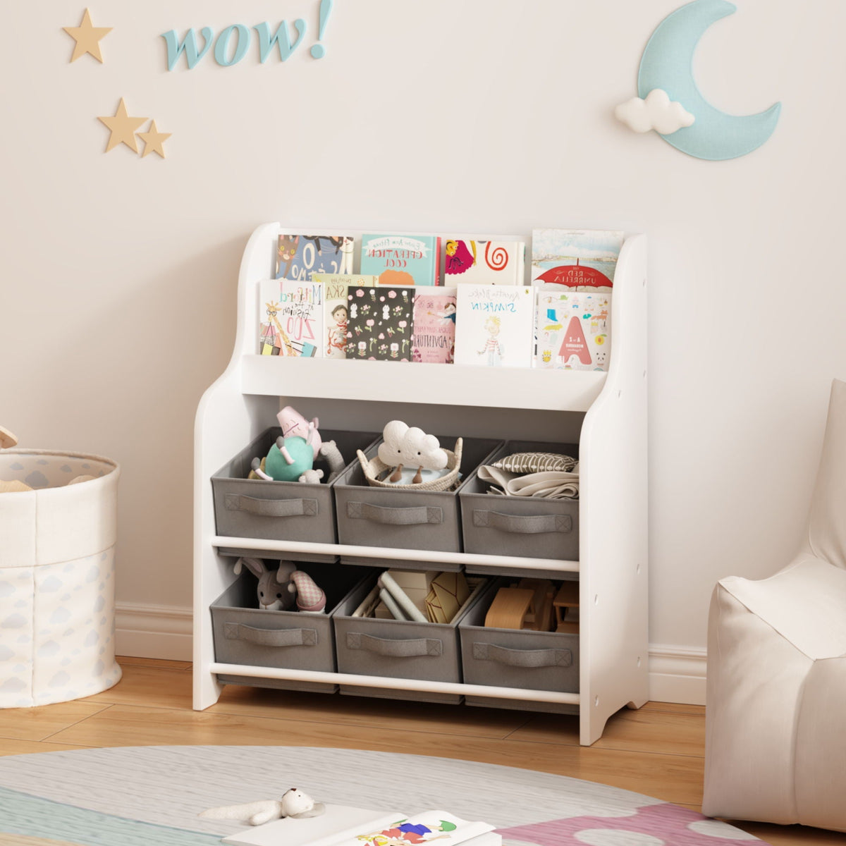 Children's Bookcase with 6 Storage Bins - Multi Functional Organizer - White
