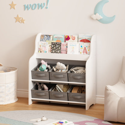 Children's Bookcase with 6 Storage Bins - Multi Functional Organizer - White