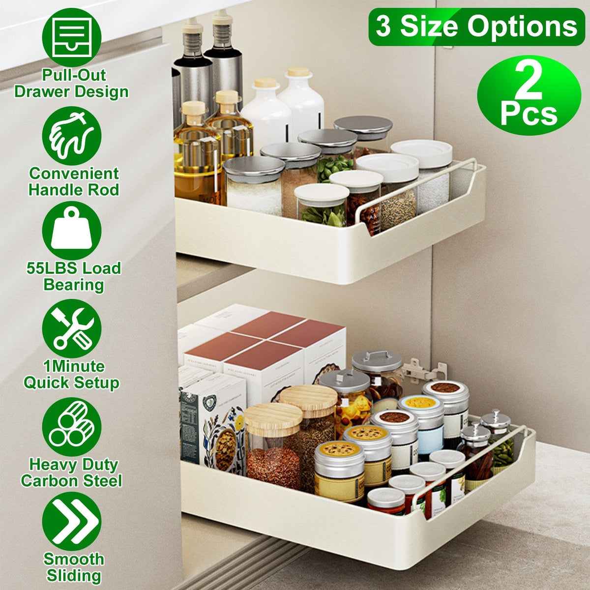 2Pcs Pull Out Cabinet Organizers Sliding Shelf Spice Rack Carbon Steel Roll Out Drawers Fixed with Adhesive Nano Film with Handle 55LBS Max Load