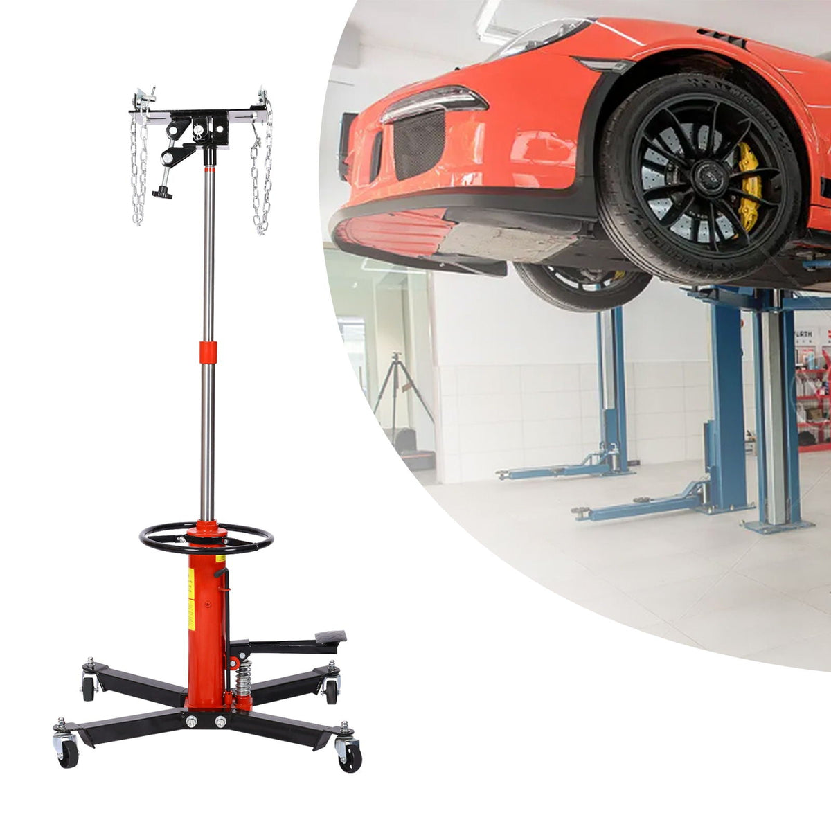 Hydraulic 2 Stage Transmission Jack with Swivel Casters - Red
