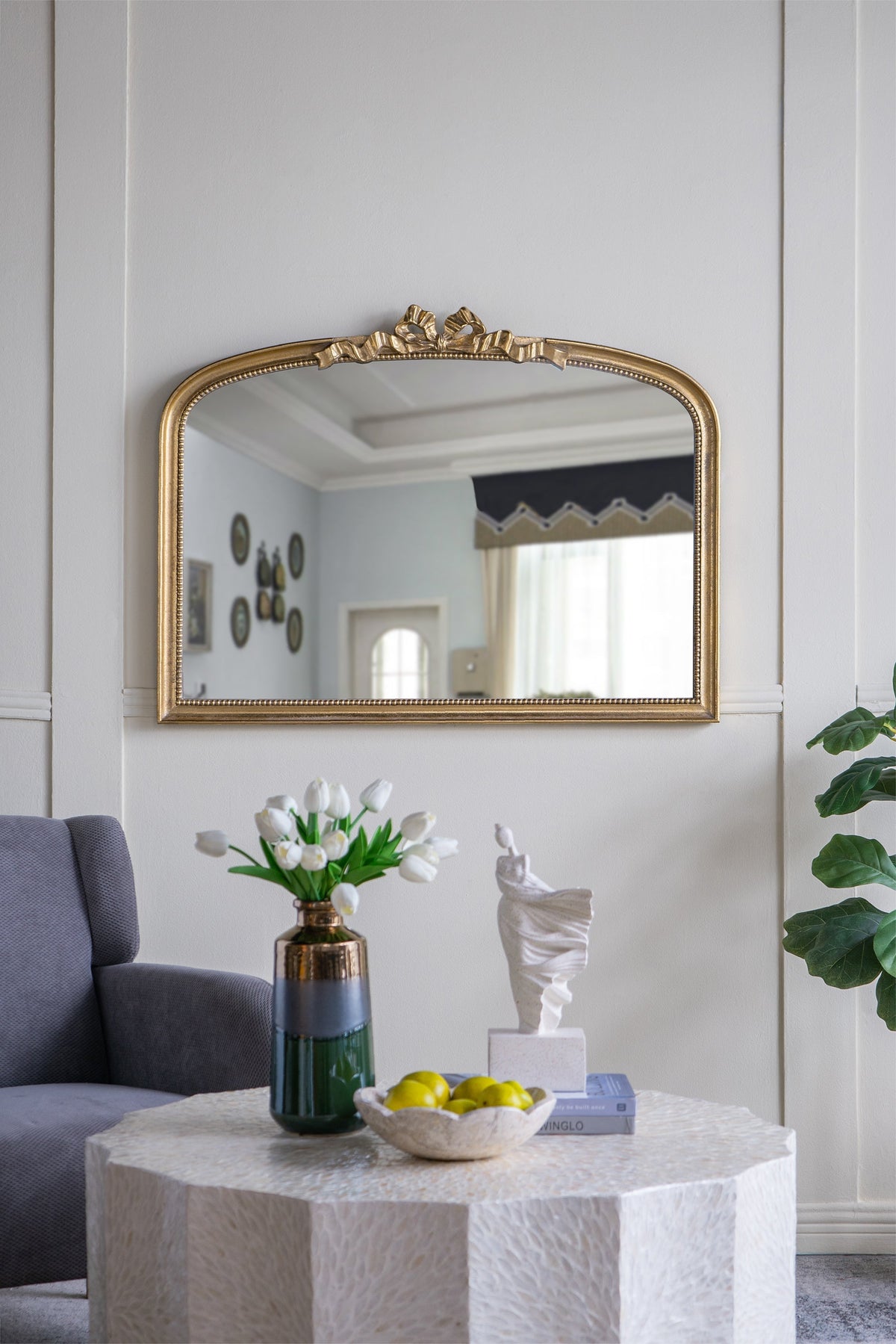 Baroque Style Gold Arch Mirror with Ornate Scrollwork - Gold