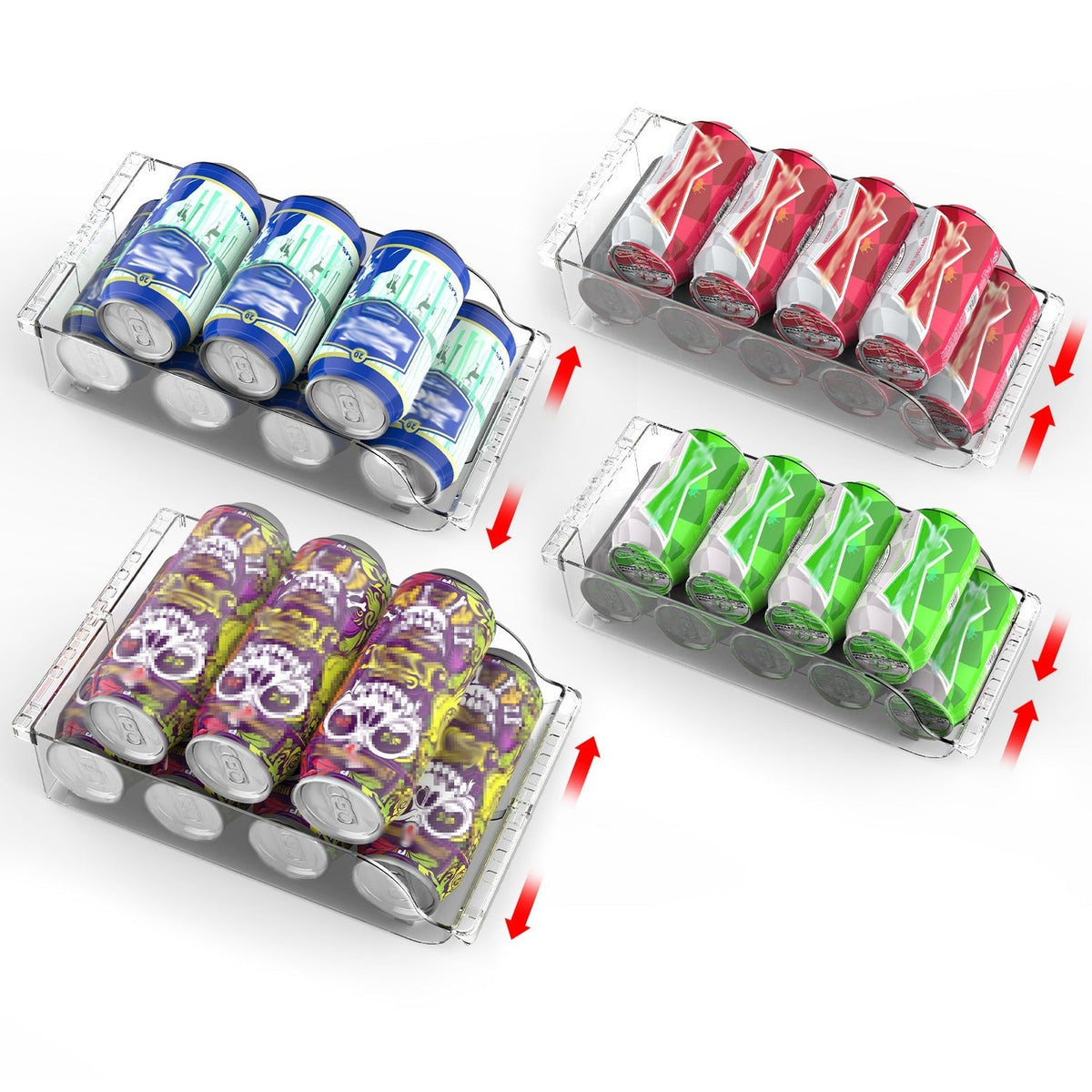 4Pcs Soda Can Organizers for Refrigerator Width Adjustable Clear Drink Organizer Expandable Can Holder Dispenser for Fridge Pantry Freezer