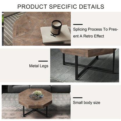 Wood Octagonal Vintage Patchwork Coffee Table with Metal Frame - Antique Brown