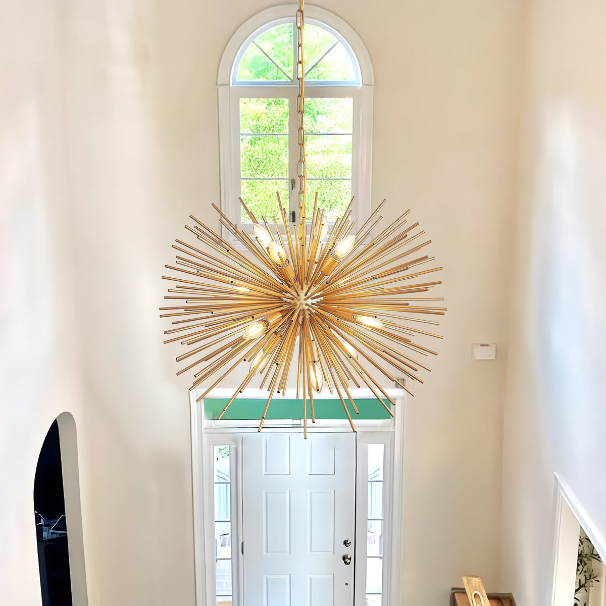 Gold 12-Light Mid-Century Modern Starburst Chandelier with Adjustable Chain